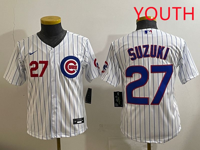 Youth 2025 Chicago Cubs #27 Suzuki White Stripe Game Nike MLB Jersey style 3